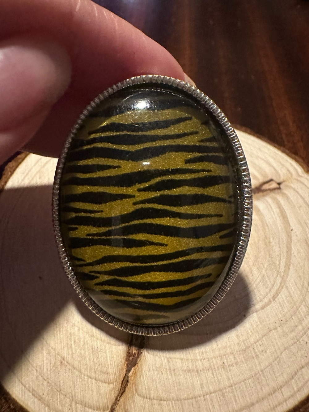 Oval Tiger-Print Statement Ring - Yellow/Black Adjustable
